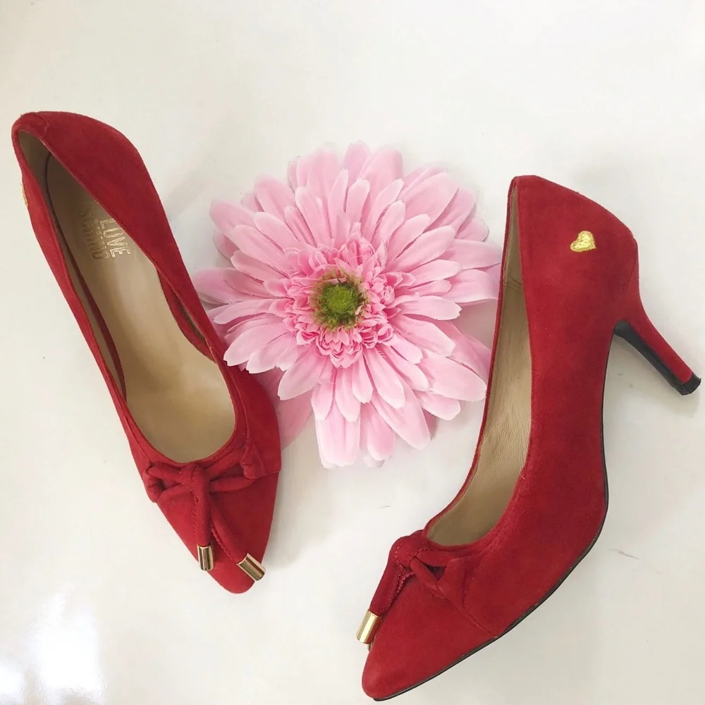 Love Moschino Red Suede Leather Heart Stiletto Heels Pumps